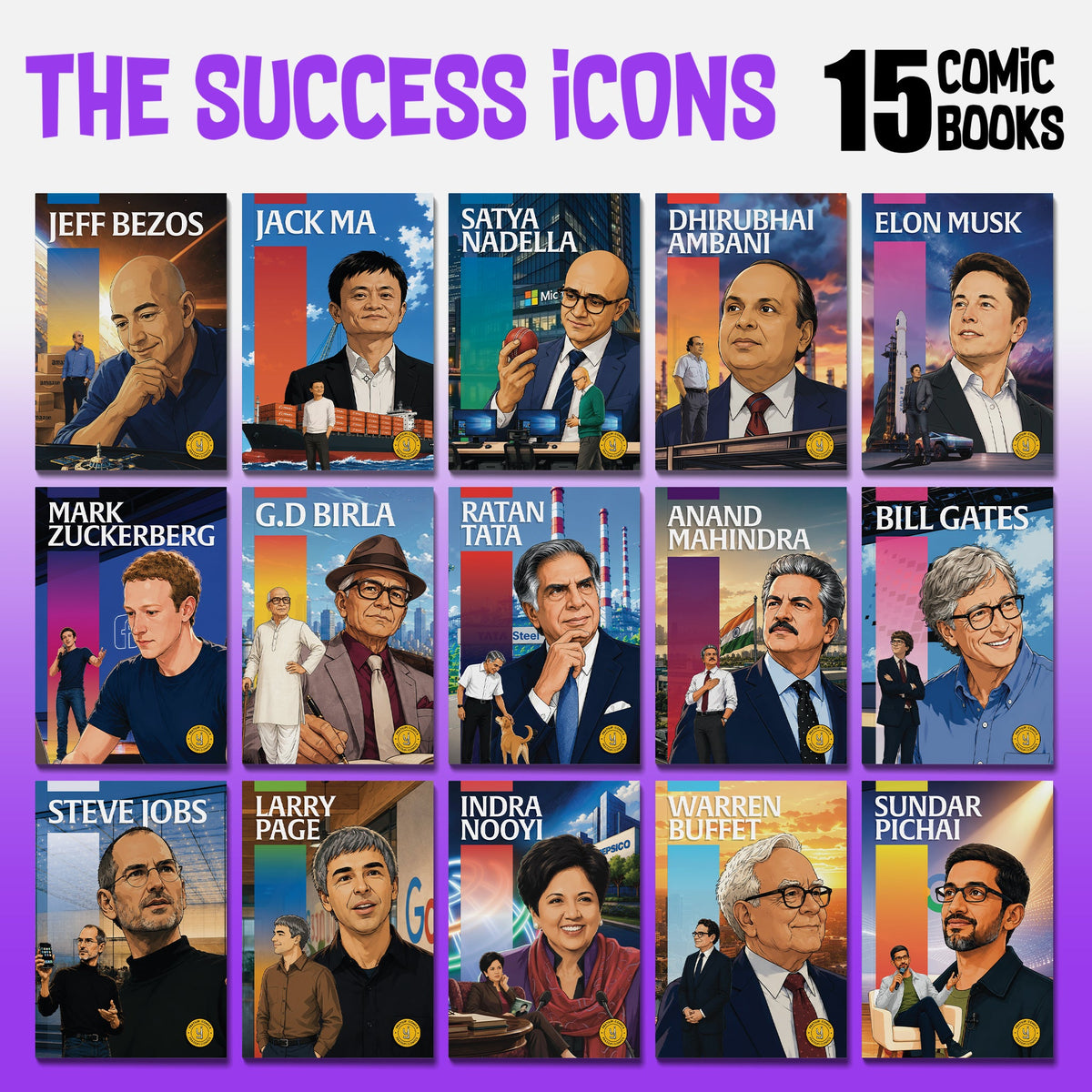 The Success Icons – Kids Business Leaders, Entrepreneur Biographies & Inspirational Comics | 15 Comics Set | English